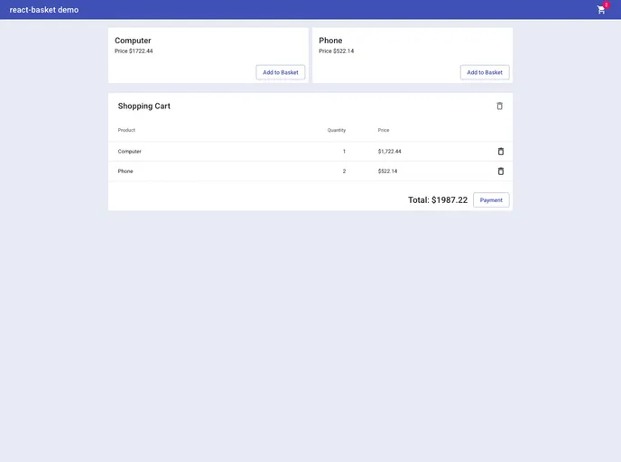screenshot of React Basket