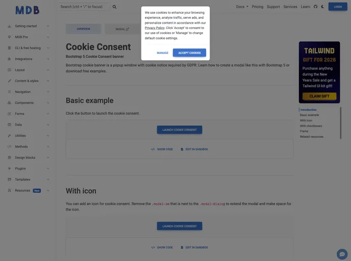 screenshot of Bootstrap Cookie Consent