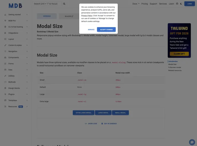 screenshot of Bootstrap Modal Size