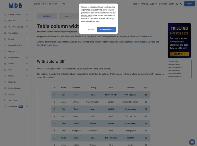 screenshot of Bootstrap Table Column Width