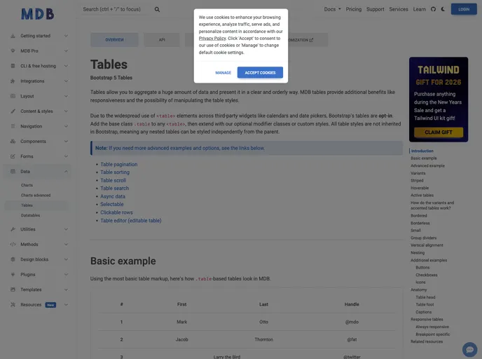 screenshot of Bootstrap Tables