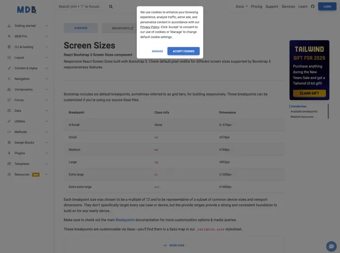 screenshot of React Screen Sizes