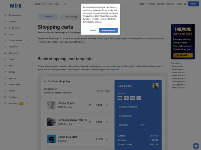 screenshot of React Shopping Carts