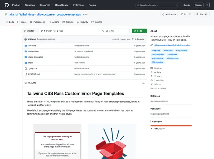 screenshot of Tailwindcss Rails Custom Error Page Templates