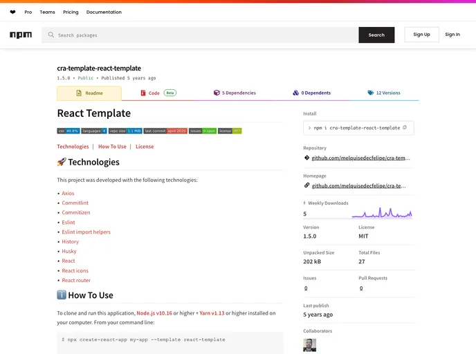 screenshot of Cra Template React Template