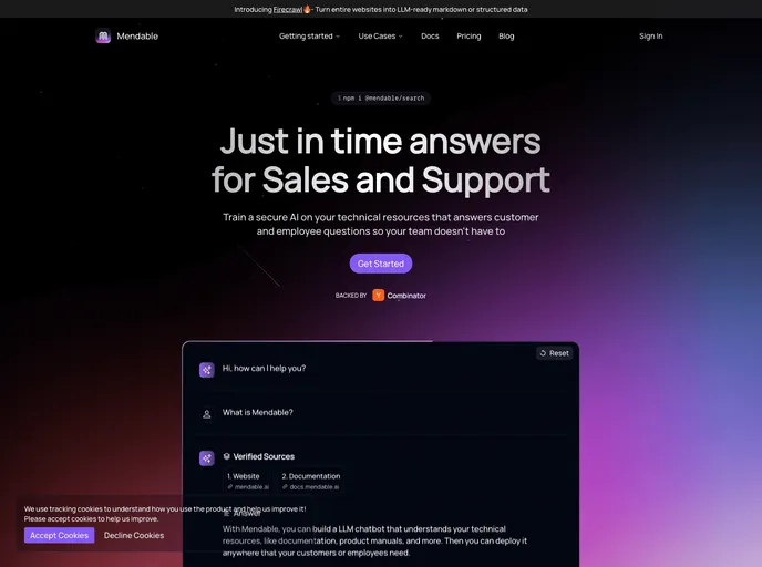 screenshot of Mendable Nextjs Chatbot
