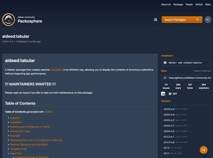 screenshot of Meteor Tabular