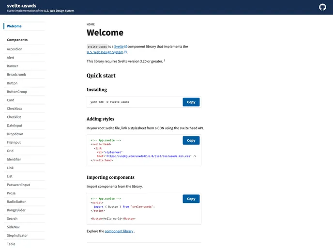 screenshot of Svelte Uswds