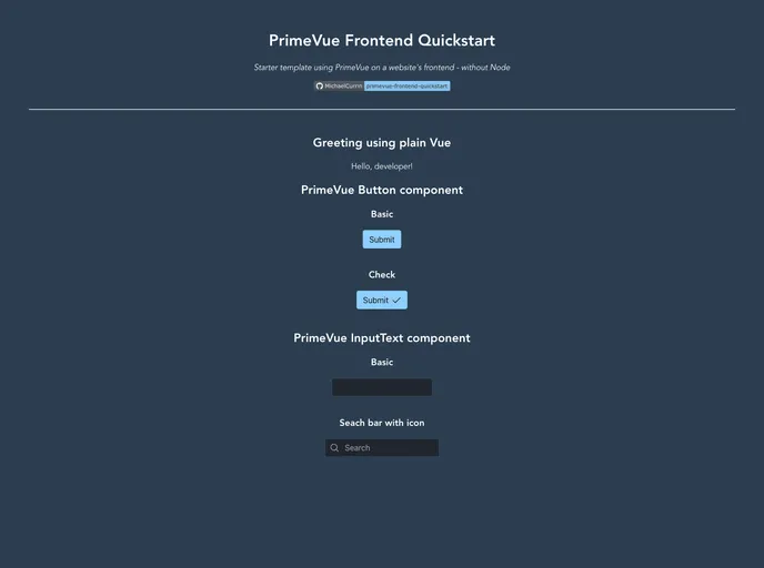screenshot of Primevue Frontend Quickstart