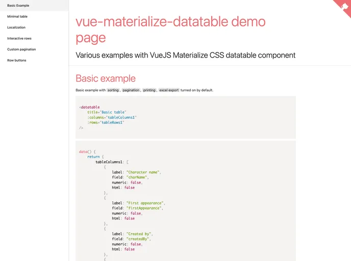 Vue Materialize Datatable