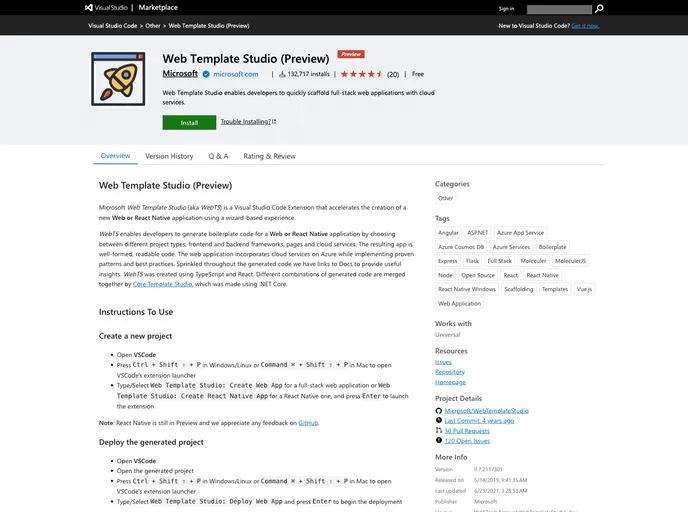 screenshot of WebTemplateStudio