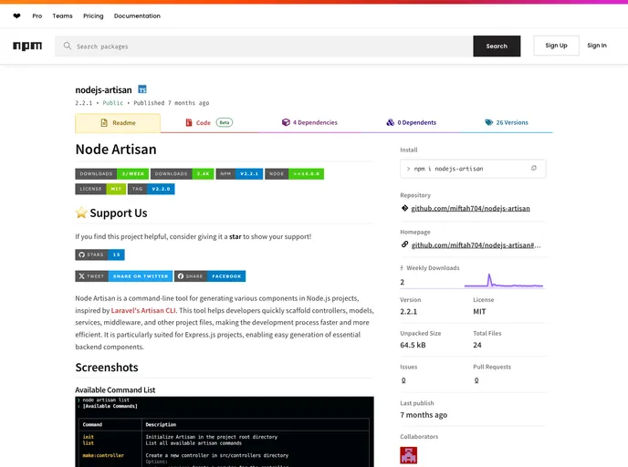 screenshot of Nodejs Artisan