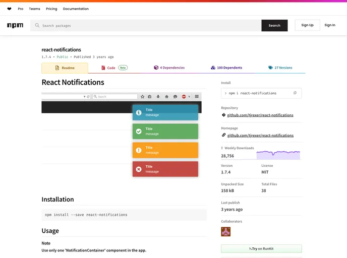 screenshot of React Notifications