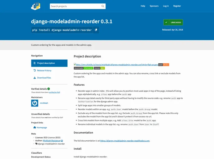 screenshot of Django Modeladmin Reorder