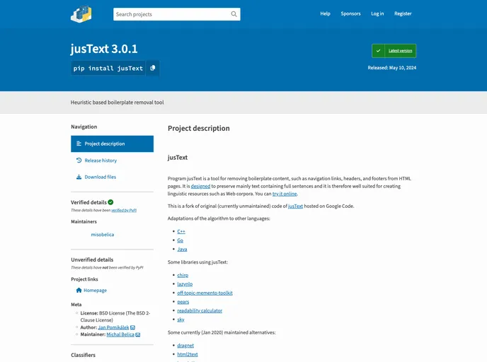 screenshot of JusText