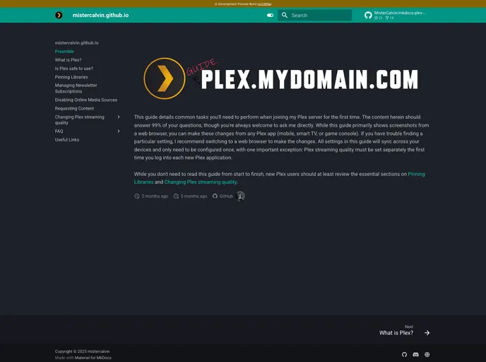 screenshot of Mkdocs Plex Guide Template