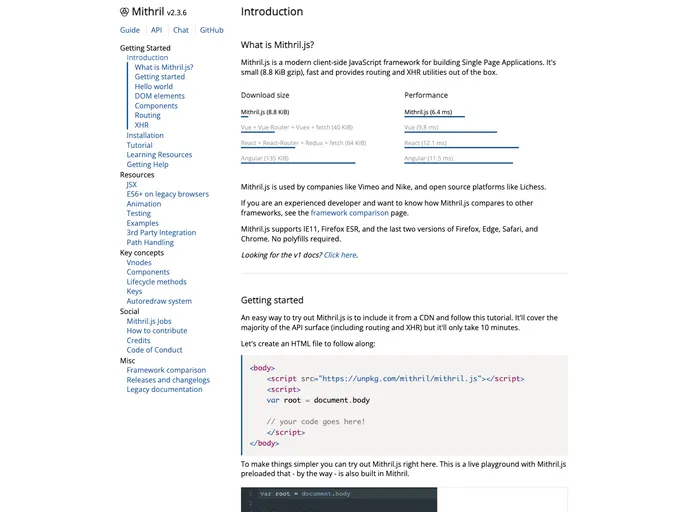 screenshot of Mithril.js