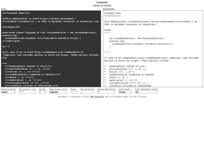 screenshot of Turndown