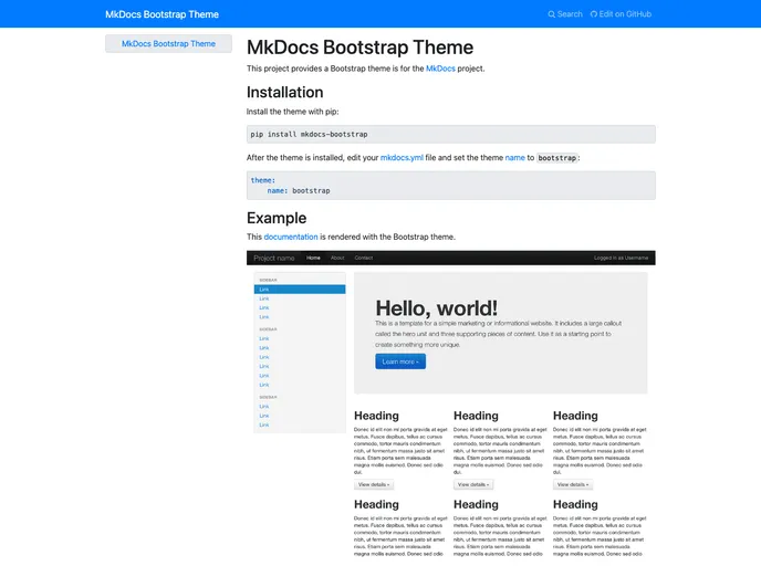 screenshot of Mkdocs Bootstrap