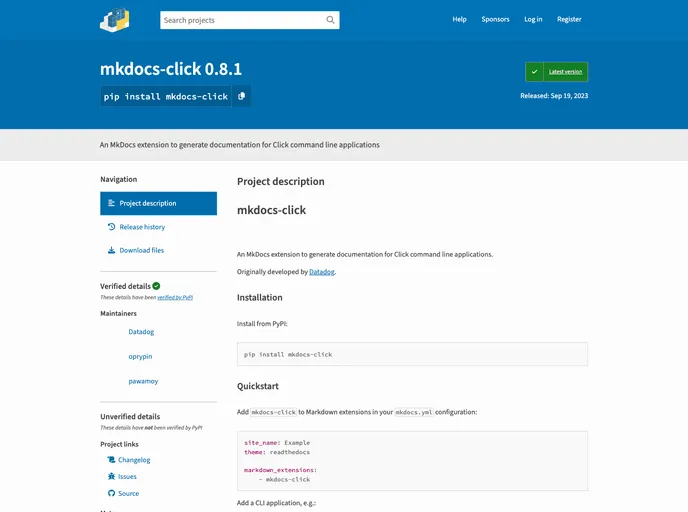 screenshot of Mkdocs Click