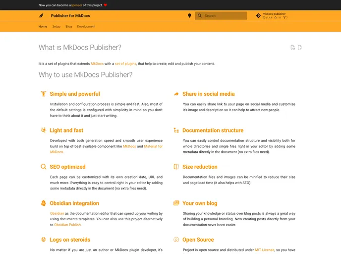 screenshot of Mkdocs Publisher