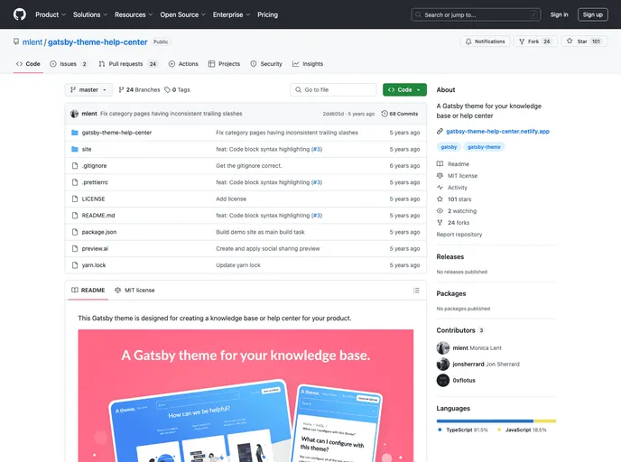 screenshot of Gatsby Starter Help Center