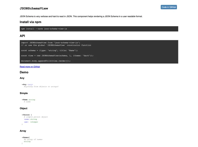 screenshot of Json Schema View Js