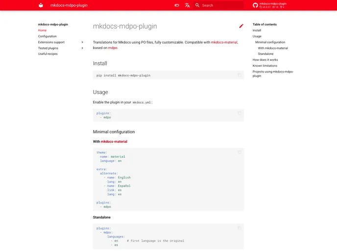 screenshot of Mkdocs Mdpo Plugin