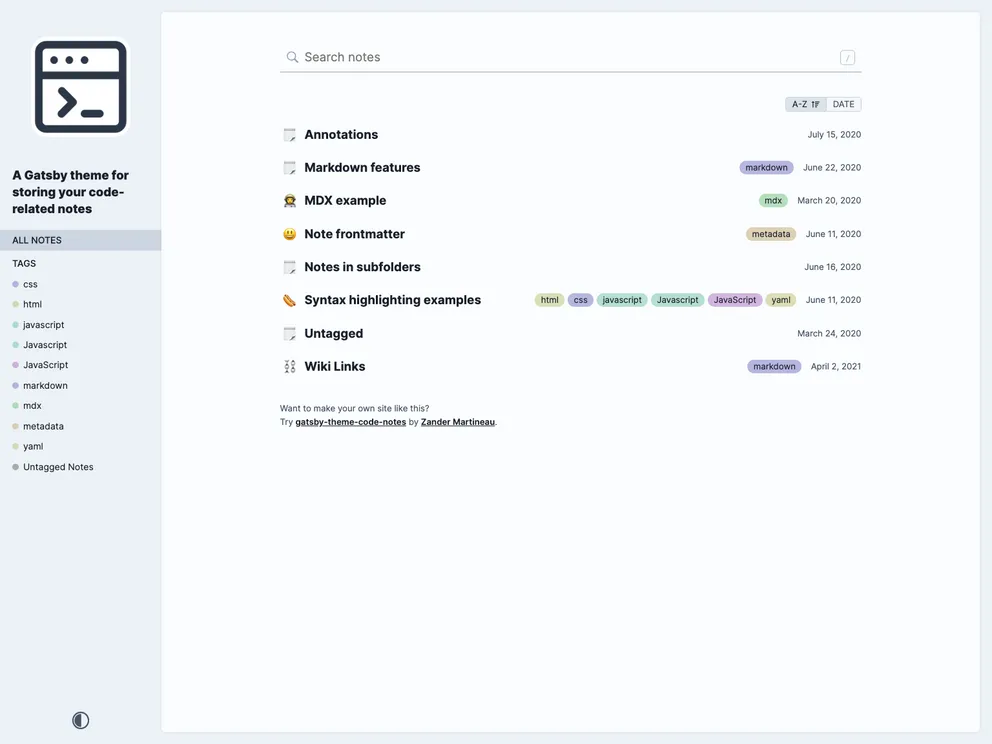 screenshot of Gatsby Theme Code Notes