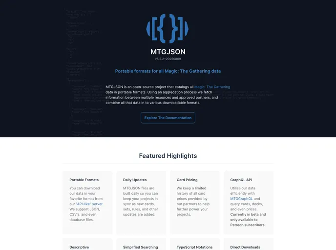 screenshot of Mtgjson Website