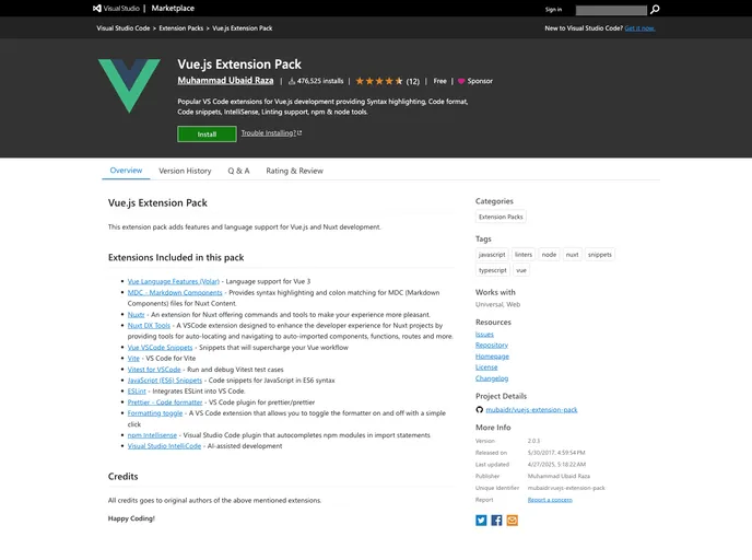 Vuejs Extension Pack screenshot