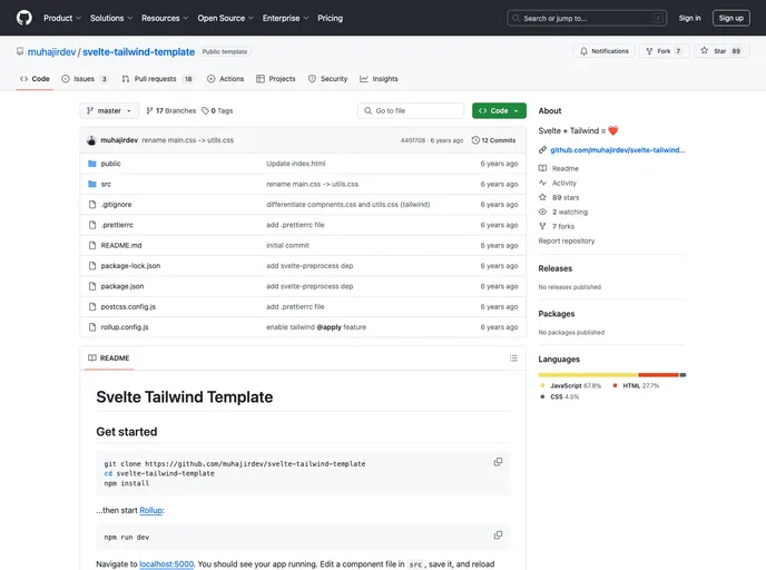 screenshot of Svelte Tailwind Template