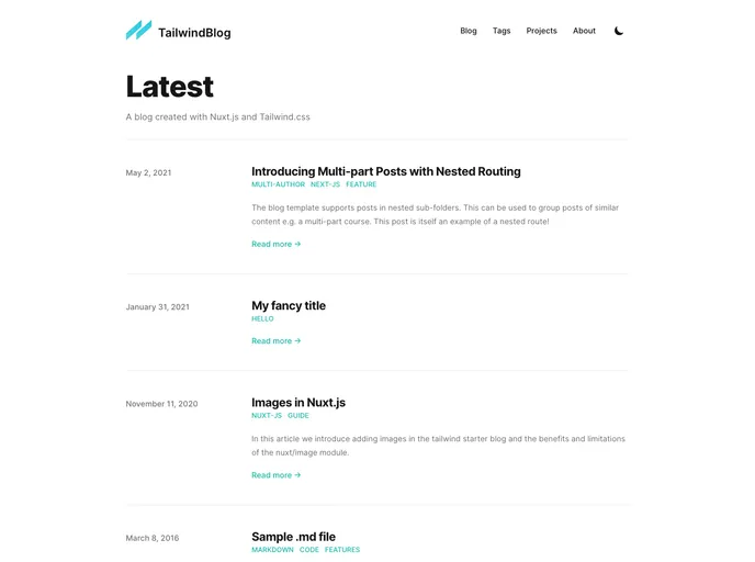 screenshot of Tailwind Nuxtjs Starter Blog