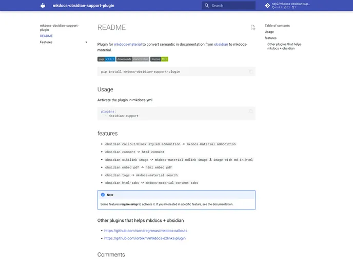 screenshot of Mkdocs Obsidian Support Plugin