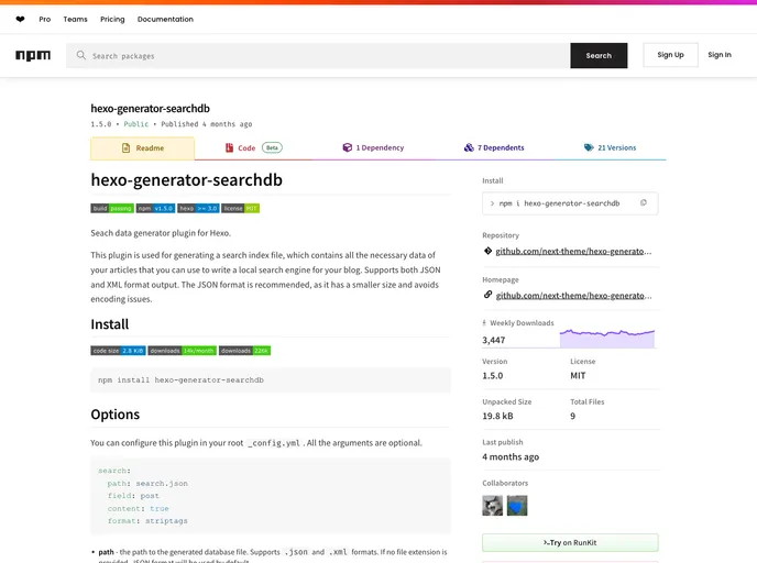 screenshot of Hexo Generator Searchdb