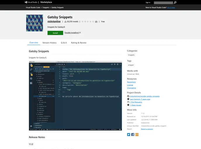 screenshot of Vscode Gatsby Snippets