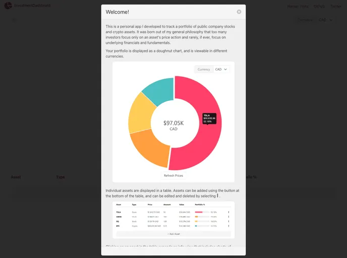 screenshot of Investment Dashboard