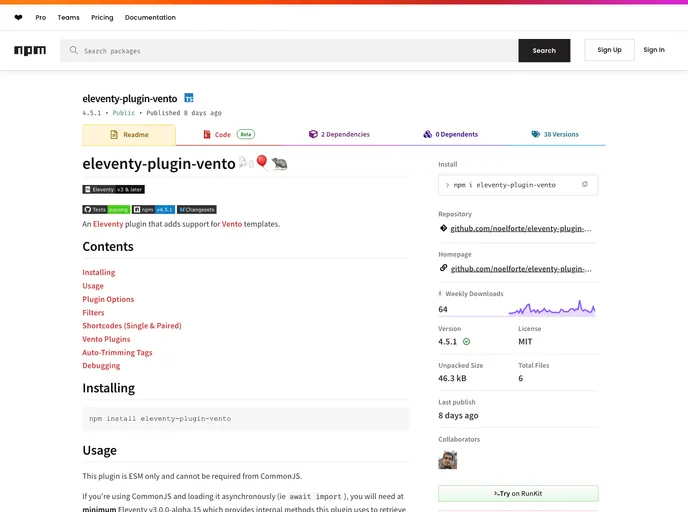 screenshot of Eleventy Plugin Vento