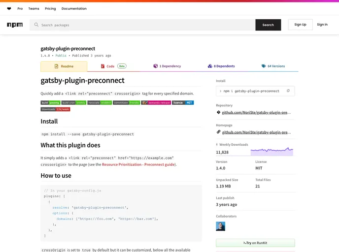 screenshot of Gatsby Plugin Preconnect