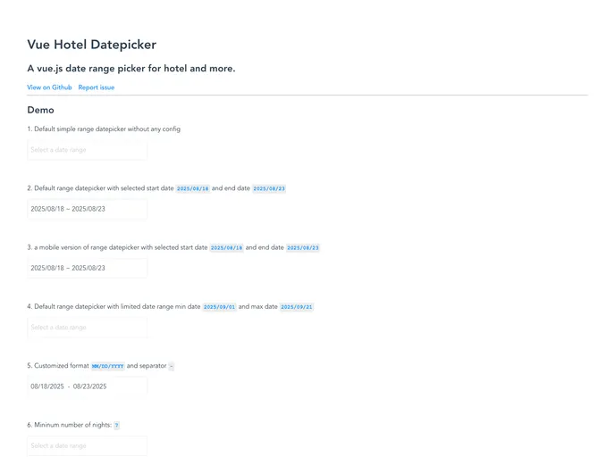 screenshot of Vue Hotel Datepicker