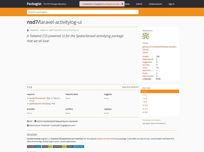 screenshot of Laravel Activitylog UI
