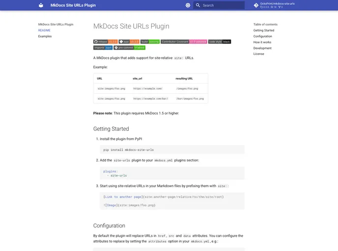 screenshot of Mkdocs Site Urls