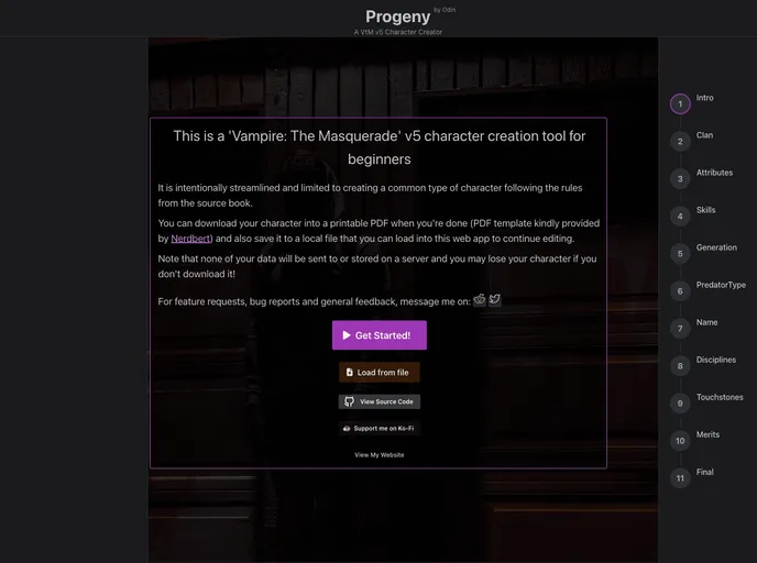 screenshot of Progeny Vtm V5 Character Creator