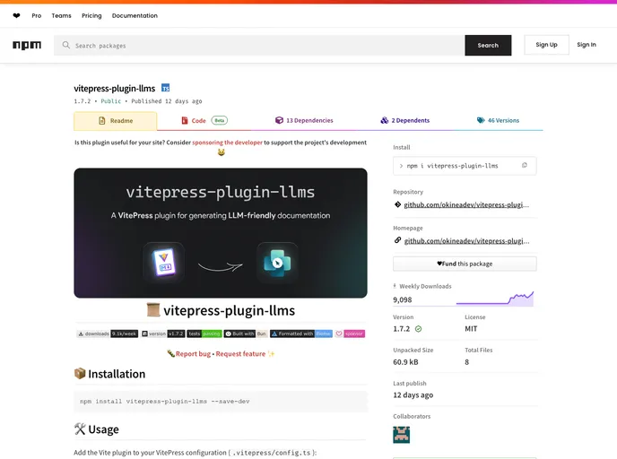 screenshot of Vitepress Plugin Llms