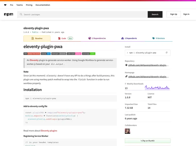 screenshot of Eleventy Plugin Pwa