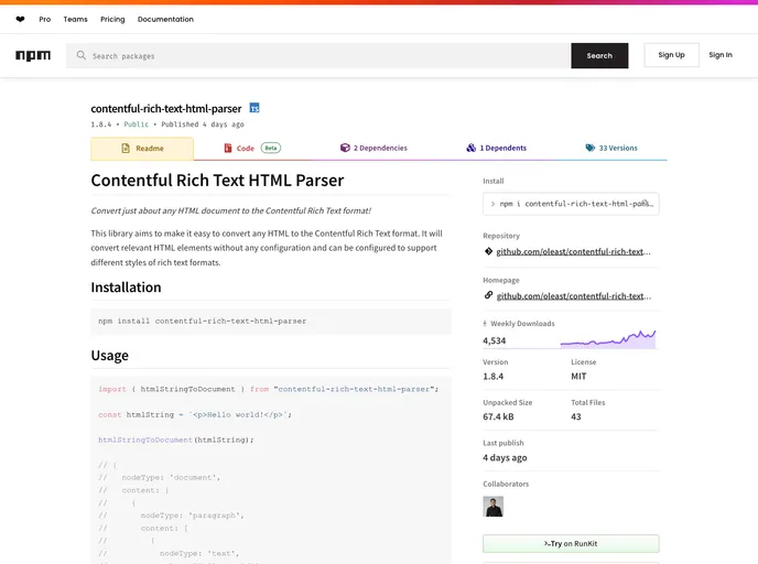 screenshot of Contentful Rich Text Html Parser