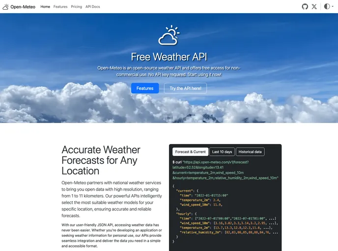 screenshot of Open Meteo Website