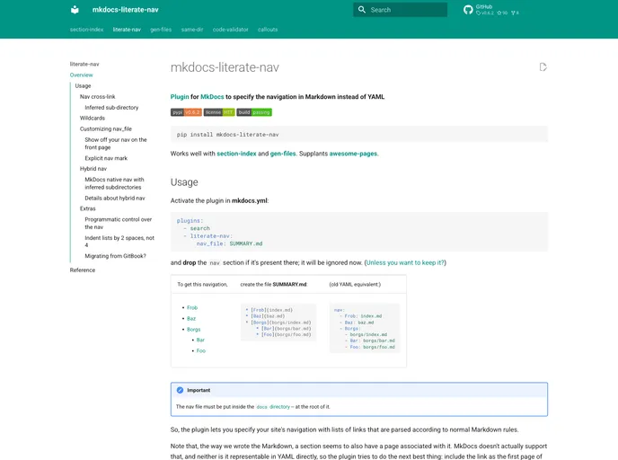 screenshot of Mkdocs Literate Nav
