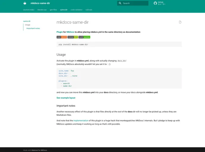 screenshot of Mkdocs Same Dir