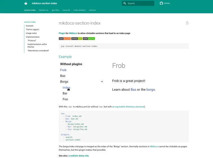 screenshot of Mkdocs Section Index